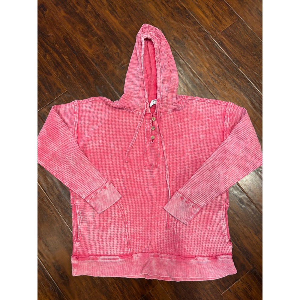 Zenana Small Waffle Knit Henley Hoodie Womens Pink